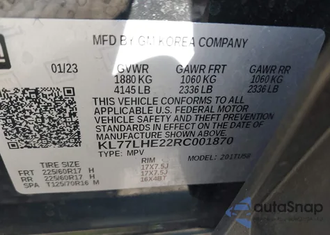 2024 Chevrolet Trax Fwd Lt из США, поврежденный, VIN KL77LHE22RC001870